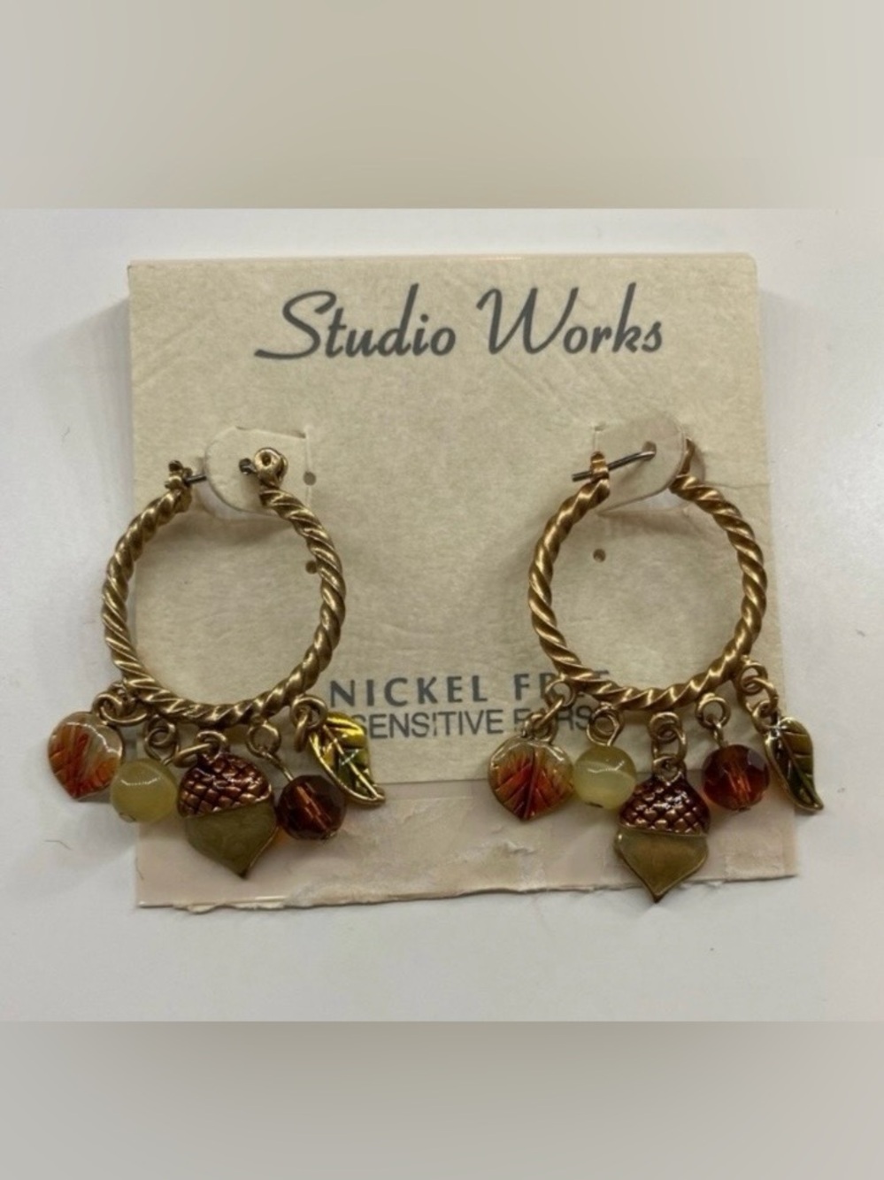 Studio Works Nickel Free Gold-Tone Hoop Earrings with Autumn Leaf & Bead Charms